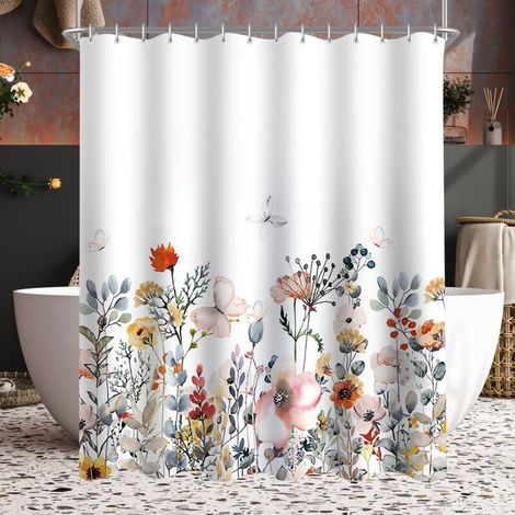 1pc Shower Curtain 120 x 180 cm Floral Shower Curtain Weighted Hem Anti-Mold Waterproof Washable Polyester Fabric with Eyelets and 8 Shower Curtain Rings for Bathroom (1/5)