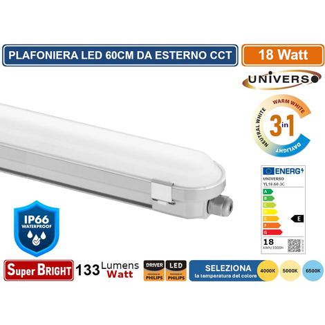 TUBO LED PLAFONIERA LINEARE DA 60CM LINKABILE 18W LAMPADINA SMD CHIP PHILIPS IP66 CCT 4000K - 5000K - 6500K SELEZIONABILE (1/4)
