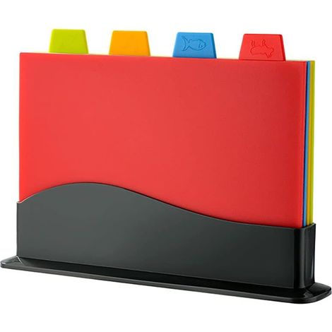 Tagliere LaBlanc - Set di 4 taglieri in plastica extra spessi con codice colore e ripiano portaoggetti - Facili da appendere e lavabili in lavastoviglie.
