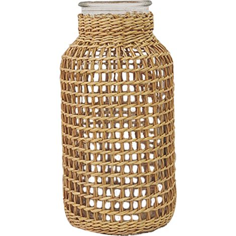 Jarrón - jarrón de cristal vintage con detalles de ratán - 8 x 8 x 16 cm - caqui - 350 g (1/5)