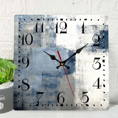 Horloge murale en bois silencieuse, tableau abstrait gris-bleu, design contemporain carré rustique côtier, décoration pour salon cuisine bureau, fonctionne sur pile (30 cm) (1/5)