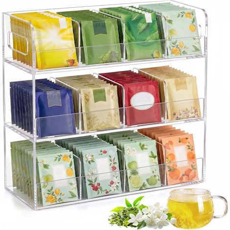 Caja transparente para té de 12 compartimentos, organizador de bolsitas de té para 216 bolsitas, almacenamiento vertical de acrílico para cocina, cafetería, oficina, hotel, 29,7 x 26 x 10 cm (1/5)