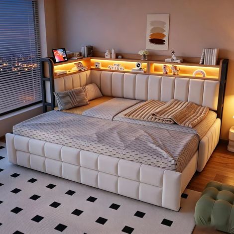 Canapé-lit extractible 90/180x200cm, lit simple, avec lit gigogne, 2 tiroir, LED, ports USB et Type-C, velours, beige (1/5)