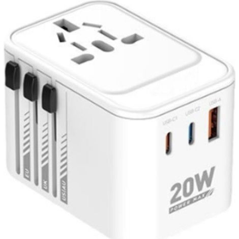 Universeller Reiseadapter, universeller Reisestecker mit 2 USB-C-Anschlüssen (PD 20W), 1 USB-A-Anschluss und 1 Netzanschluss, Reiseadapter für Italien, England, Deutschland, Amerika und Australien