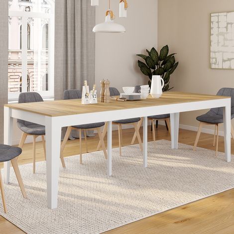 Consola extensible MICHEL, 10 plazas, 235 cm, madera blanca y chapado de haya