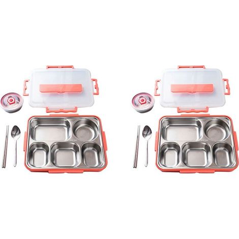 2 loncheras de acero inoxidable de 5 compartimentos, a prueba de fugas, ideales para llevar comida, como recipientes para sopa o para la escuela (rosa). (1/4)
