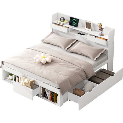 Lit 140x200 multifonction blanc en pin et MDF avec ports USB, prise Type-C, tiroirs, rangements et sans matelas pour enfant et ado  CHICFURN (1/5)