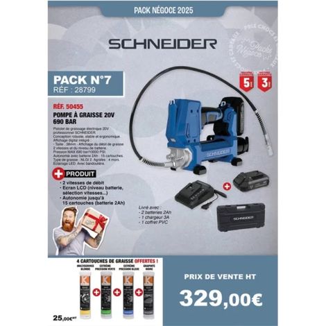 Schneider – Pompe à graisse électrique 20V 690 bar – 2 batteries Li-ion 2Ah – Chargeur 3A – Affichage digital et éclairage LED – Coffret PVC (1/2)