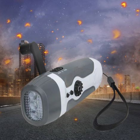Kurbeltaschenlampe mit 3 LEDs, Alarmfunktion und Notfall-FM-Radio, grau. (1/5)