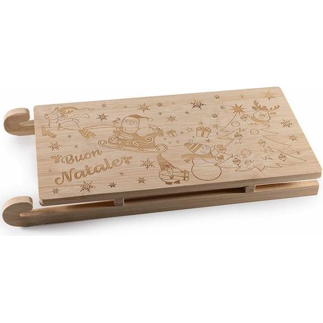 Taglieri in legno a forma di slitta con incisioni natalizie e scritta Buon Natale, set da 4 pezzi