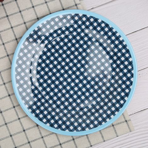 Assiette ronde en mélamine de 22 cm de diamètre à motif quadrillé bleu (1/5)