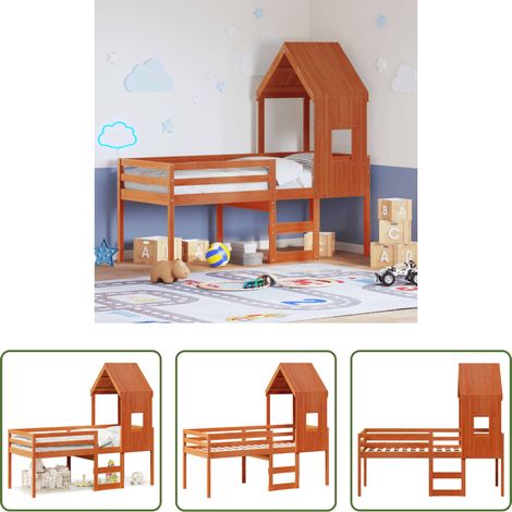 Kinderbett mit Dach - Hochbett mit Dach Wachsbraun 90x200 cm Massivholz Kiefer (1/5)