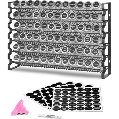 Étagère à épices pour armoire, avec 72 pots à épices vides, couvercles, étiquettes et entonnoir, ensemble complet, organiseur d'assaisonnement pour comptoir, cuisine, garde-manger, placard, noir (1/5)