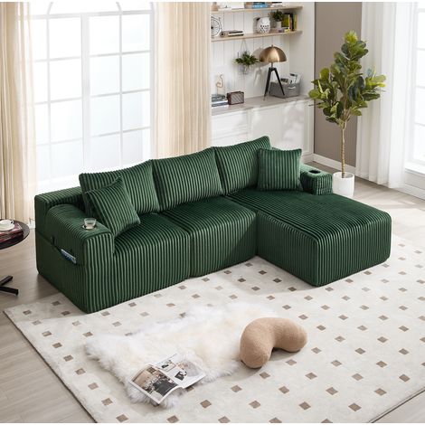 Sofá modular con chaise longue, 5 cojines, tejido de pana verde DESVIAE (1/5)
