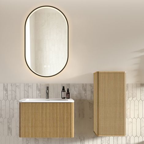 Ensemble de meubles de salle de bain avec lavabo, meuble latéral et miroir LED, meuble sous vasque suspendu de 60 cm de large, miroir de salle de bain ovale avec cadre noir, couleur bois de chêne (1/4)