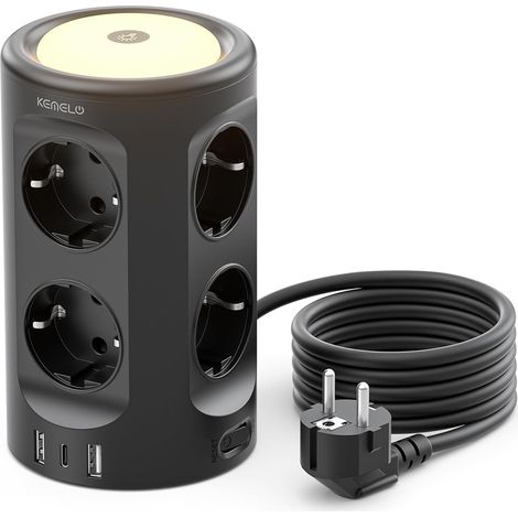 Tour multiprise USB, 8 prises CA et 3 USB, 2 m avec lumière nocturne et interrupteur, multiprise de protection contre la surtension, prise multiple pour table, bureau, maison (1/5)