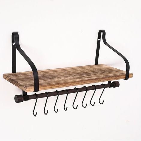 Estantes de pared para cocina, organizador de cocina de madera rústica con riel de madera y 8 ganchos extraíbles para organizar utensilios de cocina (1/5)