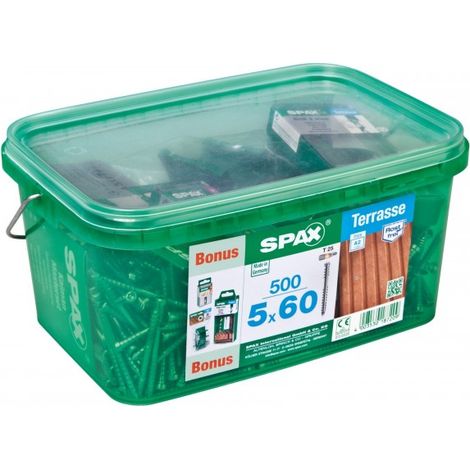 Spax – Lot de 500 vis terrasse acier tête cylindrique 5mm x 60mm – Vissage rapide sans avant-trou – Anti-corrosion pour extérieur