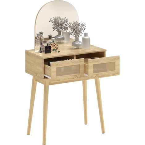 Coiffeuse naturelle avec miroir arqué et 2 tiroirs en rotin pour petits espaces, meuble design sobre pour chambre pratique et compact