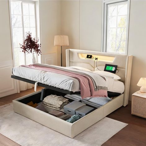 Cadre de lit beige en lin 168 x 212 x 109 cm (1/5)