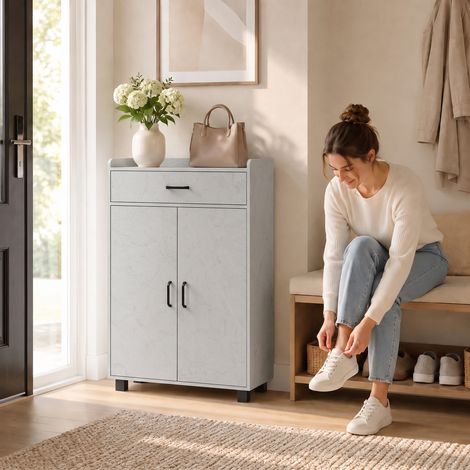 Armoire à Chaussures 2 Portes, Tiroir, 5 Compartiments, Étagères Réglables, Gris (1/5)