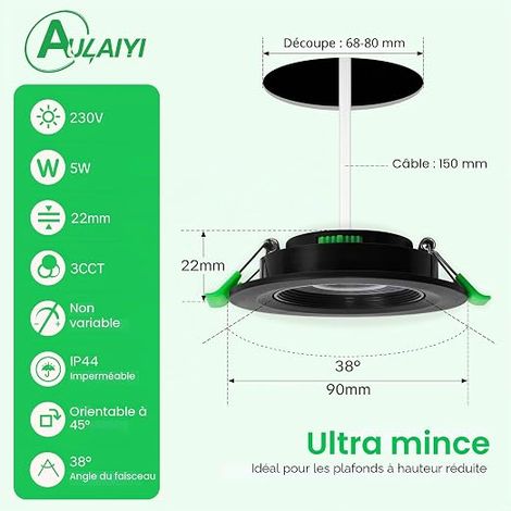 Spot LED Encastrable Orientable 230V, 5W 500LM Spots de Plafond Extra Plat Blanc Chaud Blanc Neutre Blanc Froid Réglable, IP44 Spot Salle de Bain, Trou Ø68-80mm, Noir (1/3)