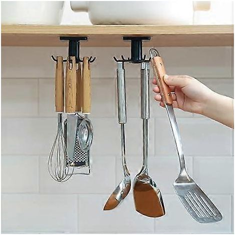 Lot de 2 crochets de cuisine rotatifs à 360° pour suspendre ustensiles et outils de cuisine, sans clous. Fixation adhésive. (1/5)