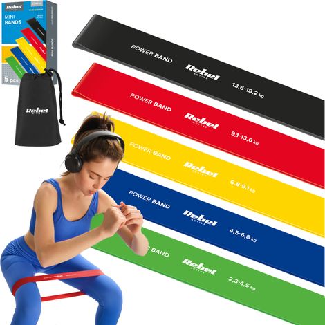 Set di 5 elastici per allenamento, riabilitazione e fitness, marca Rebel. (1/5)