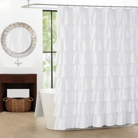 Rideau de douche à volants blanc-salle de bain en tissu de ferme 72x72 pouces Texture mode (1/5)