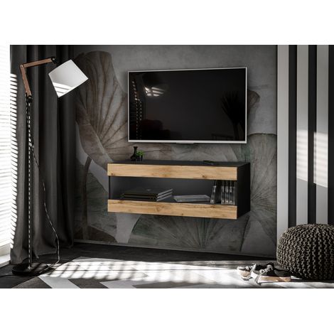 Komodee, Meuble TV - Armoire Suspendue Tivoli RTV2, Noir/Wotan, Largeur 100cm x Hauteur 36cm x Profondeur 35cm, sans LED, pour Salon, Chambre à coucher (1/5)