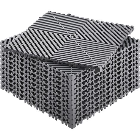 Mophorn ineinander greifende Drainagematte, modulares Kissen, 30,5 x 30,5 cm, 12 Stück rutschfeste graue PP-Drainage-Bodenfliesen für Garage, Garten, Küche und Außenbereich
