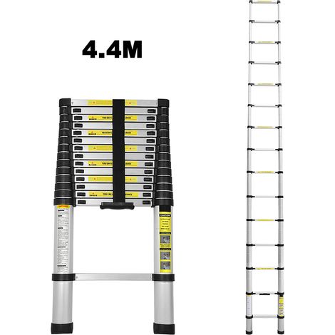 Randaco 4.4M Teleskopleiter Aluminium Mehrzweckleiter Fingerklemmschutz Auszeihleiter Klappbar Aluminiumleiter Antirutsch bis 150 KG