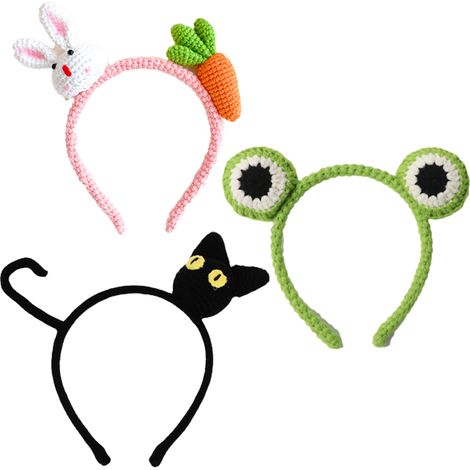 Headband Tricoté Main - Anneau Acier Inoxydable Élastique - Pour Femme et Fille - Motifs Souris Grenouille Coccinelle - Lot de 3 (1/5)