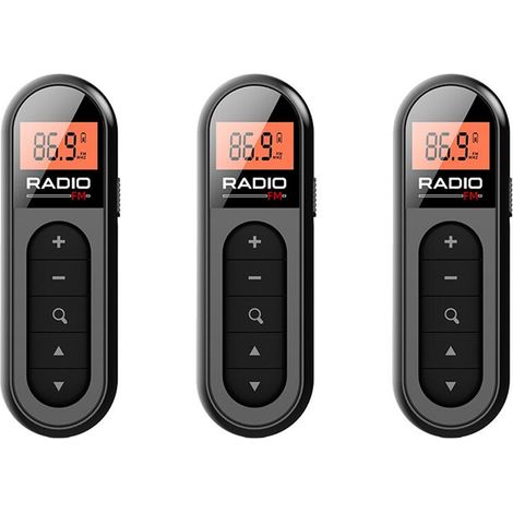 Geeignet für wiederaufladbare FM-Taschenradios mit 3-facher Ausgangsleistung, einem Frequenzbereich von 76-108 MHz, einem hintergrundbeleuchteten LCD-Display und einer 3,5-mm-Kopfhörerbuchse.