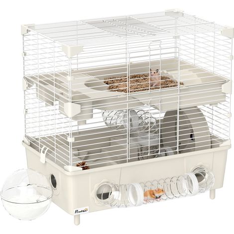 Gabbia per Criceti a 2 Livelli 44,5x28x44 cm 3 Porte Ruota e Tubi in Acciaio e PP Crema e Bianco (1/5)