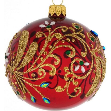 Pallina di natale in vetro con motivi floreali dorati su sfondo rosso (1/4)