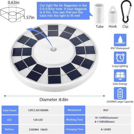 Solar-Fahnenmastleuchte mit 128 LEDs, superhelle Fahnenmastleuchte, IP65 wasserdichte Fahnenmastleuchte mit Lichtsensor für den Einsatz am Straßenrand und auf Höfen (1/4)