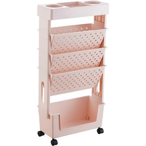 Étagère mobile, à plusieurs niveaux, pivotante et détachable, étagère de rangement pratique en plastique avec roulettes, rose. (1/5)