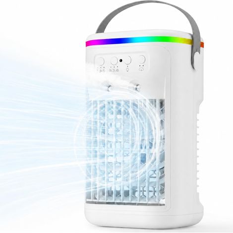 Climatiseur Mobile, Mini Rafraîchisseur d’Air Silencieux avec Télécommande, Ventilateur Brumisateur USB, 3 Vitesses, 2 Modes Brume, Minuteur 1H/2H/4H, LED 7 Couleurs, pour Chambre Bureau [Classe énerg (1/5)