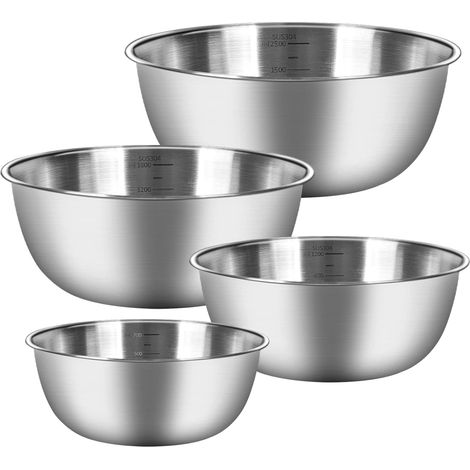 Lot de 4 Cul de Poule Inox, 4 Saladiers de tailles différentes (0.7 L, 1.2 L, 1.8 L, 2.5 L) Bol Inox Cuisine Bowl de Mélange, Empilables et Lavables au Lave-vaisselle (1/5)