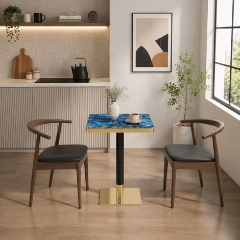 Table carrée moderne UV effet marbre, piètement métal noir, design épuré et contemporain, idéale pour salle à manger ou salon moderne, plateau résistant et élégant (1/5)