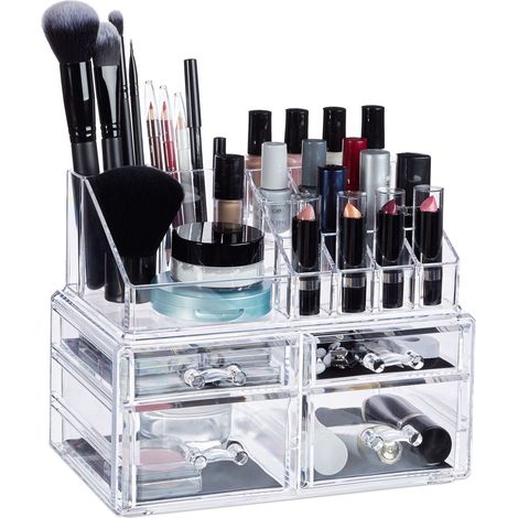 Relaxdays Cosmetic Organiser with 4 Drawers, Makeup Kit for Lipstick, Nail Polish, Acrylic Jewellery Stand, Transparent