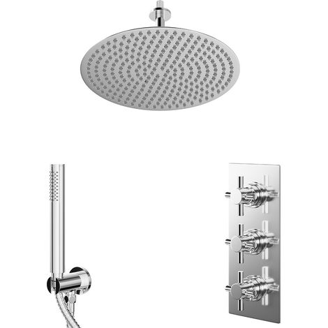 Cross Polished Chrome Concealed Triple Thermostatic Shower Valve and 400mm Round Head with 150mm Ceiling Arm and Outlet Holder with Kit - 2 Outlet (1/5)