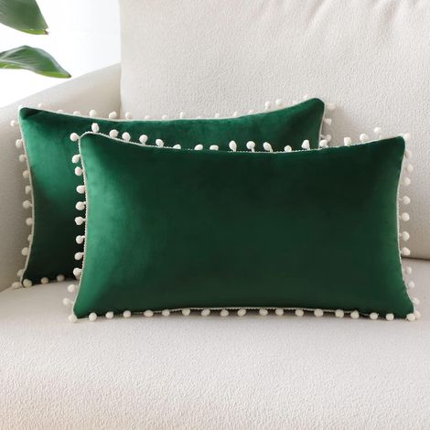 (30x50 Cm,vert Fonc)lot De 2 Housses De Coussin Dcoratives En Velours Doux Pompons Taies D'oreiller Dcoration D'intrieur Housse Coussins Pour Cana (1/5)