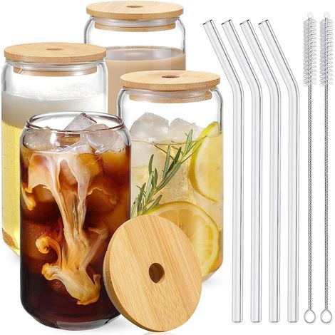 4er-Set Gläser mit Bambusdeckel und Glasstrohhalm, Dosenform, ideal für Cocktails, Bier, Kaffee, Frappé, Latte, Tee, Limonade, 480 ml, spülmaschinenfest, transparent (1/3)