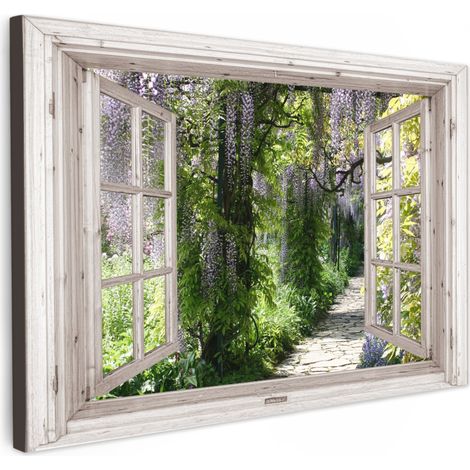 CUADRO EN LIENZO Lluvia azul - Flores - Vista - Árbol - Primavera Pinturas Grande 150x100 cm