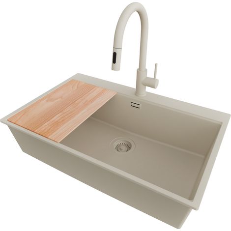 PRIMAGRAN Evier Cuisine en Granit 78x50cm,Lavabo 1 bac + Robinet 40x20cm + Kit de Vidage + Planche à Découper, Évier à Encastrer au meuble 80cm - Oslo, Beige (1/5)