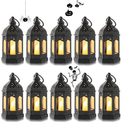 Lot de 10 Lanternes LED Miniatures Noires avec Bougies Décoratives à Piles – Décoration Extérieure et Intérieure pour Halloween, Ramadan, Mariage, Noël et Table