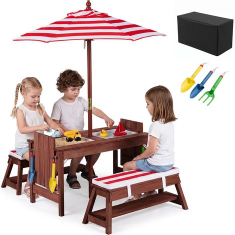 COSTWAY Table de Pique-Nique Enfant en Bois avec Parasol Amovible (Rouge) (1/5)