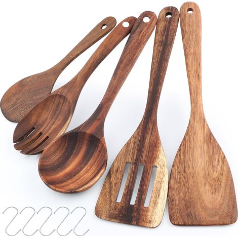 Ustensiles de Cuisine Bois D'Acacia 5 pcs Compatible Antiadhésif (1/5)
